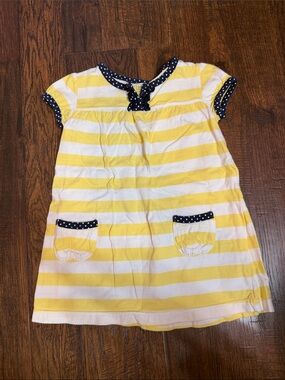 Yellow and White Striped Dress with Navy Polka Dot Trim